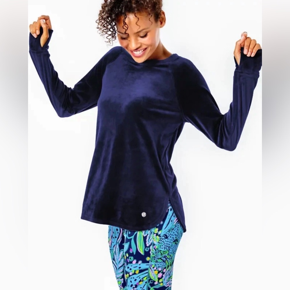 Lilly Pulitzer Navy Blythe Velour Pullover Size S EUC